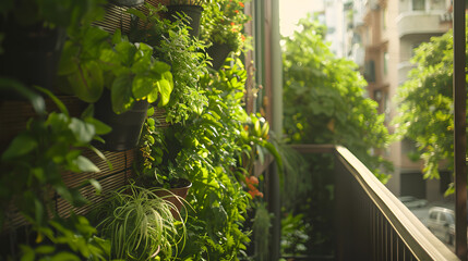 A balcony oasis with a DIY vertical herb wall creating a lush green backdrop and maximizing the use of vertical space for urban gardening.