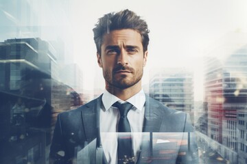 Fototapeta premium The double exposure image of the business man standing back during overlay with cityscape. Generative AI.