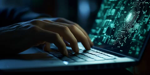 Fotobehang Hands of hacker coding computer virus on laptop, symbolizing cybersecurity and data protection. Generative AI. © Budjak Studio