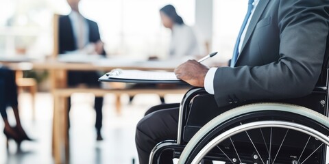 Fototapeta premium Positive disabled young man in wheelchair working in office. Company CEO in wheelchair reading business report. Generative AI.