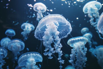 Jellyfish gracefully floating in deep blue