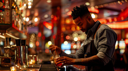 A bartender crafting cocktails at a casino bar with the lively casino floor in the background. - obrazy, fototapety, plakaty