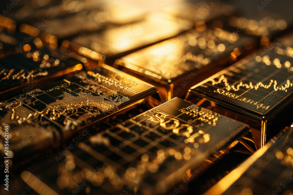 Poster a close up of gold bars with the numbers 1000 and 2000 on them. the bars are arranged in a grid patt