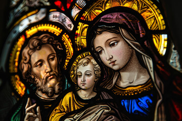 A stained glass window of Jesus and Mary. The window is blue and red and has a gold border