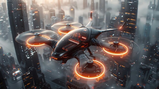 Craft a photorealistic digital rendering of a highangle view showcasing an aerial dance of futuristic technologies Include sleek, metallic drones and holographic displays in a dynamic, futuristic sett
