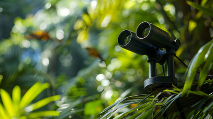A birdwatching expedition in a lush rainforest with binoculars focused on exotic birds perched in the canopy.