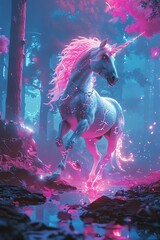 Illustrate a surreal scene where a cybernetic unicorn gallops through a neonlit forest in a pixel art style, showcasing unexpected camera angles