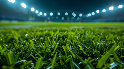 A field of green grass with a blurry background. The grass is wet and the lights are shining on it