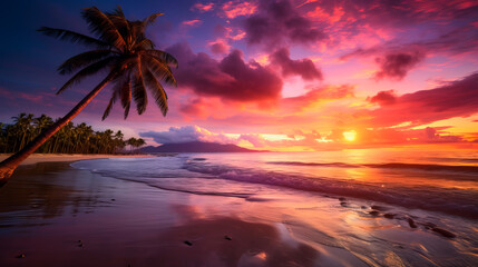 Romantic beach sunset. Palm tree majestic clouds sky.