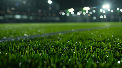 A soccer field with a bright green grass. The field is lit up with bright lights, creating a lively...