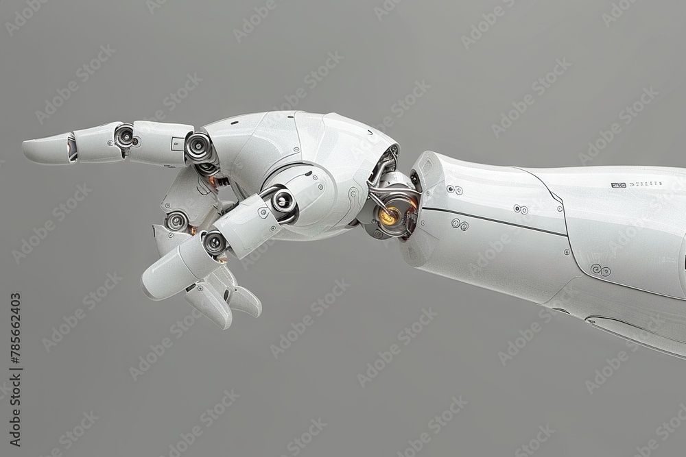 Poster futuristic communication white robotic hand pointing to the side, symbolizing technological advancem