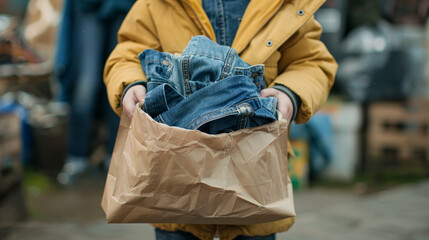 A child holds a paper bag filled with blue jeans, transferring it from one hand to the other. This image represents the idea of thrift stores and buying secondhand clothing.