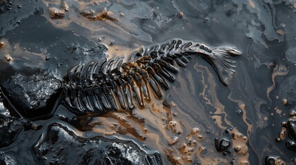 A stark image depicting a fish skeleton submerged in thick, black crude oil, symbolizing the devastating impact of pollution on marine life and the urgent environmental crisis facing our oceans.
