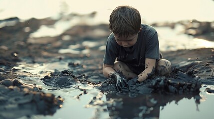 Child sits in a contaminated environment, playing with toxic crude oil in a puddle, while an industrial oil pump jack operates relentlessly in the background, symbolizing environmental neglect. - obrazy, fototapety, plakaty