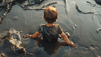 Child sits in a contaminated environment, playing with toxic crude oil in a puddle, while an industrial oil pump jack operates relentlessly in the background, symbolizing environmental neglect.