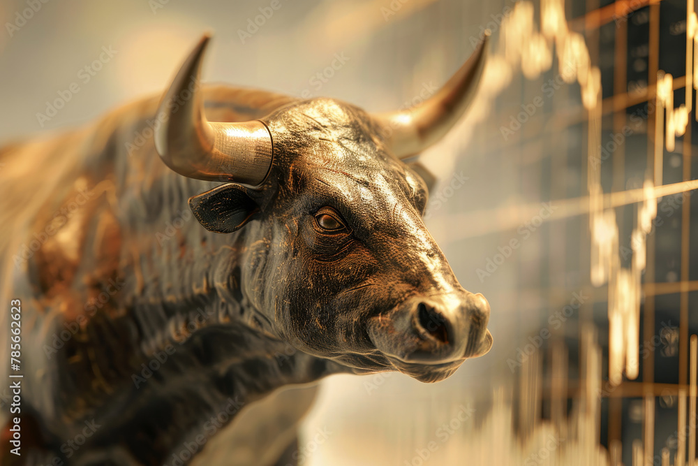 Aufkleber a bull statue stands in front of a chart with a lot of red and yellow lines. the bull statue is surr