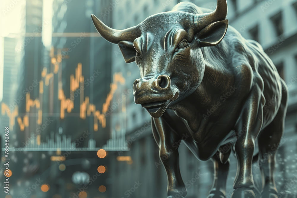 Poster a bull statue stands in front of a building with a city skyline in the background. the bull is looki