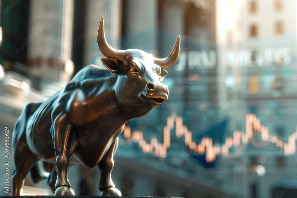 Poster a bull is standing in front of a building with a lot of numbers and lines. the bull is looking at th