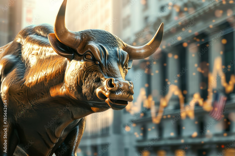 Poster a bull statue stands in front of a building with a city skyline in the background. the bull is looki