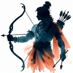 Watercolor illustration of lord rama silhouette with a bow and arrow for ram navami created with generative ai
