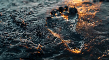 Single human footprint deeply imprinted in viscous, black crude oil, symbolizing the detrimental effects of environmental pollution and the human impact on natural ecosystems. - obrazy, fototapety, plakaty