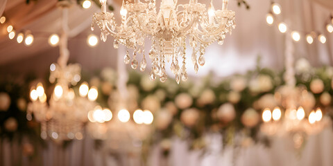 A gold framed mirror hangs from a chandelier with flowers and candles. - obrazy, fototapety, plakaty