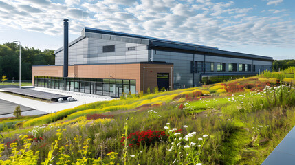 A carbon-neutral manufacturing facility with green roofs onsite renewable energy and waste-to-energy systems.
