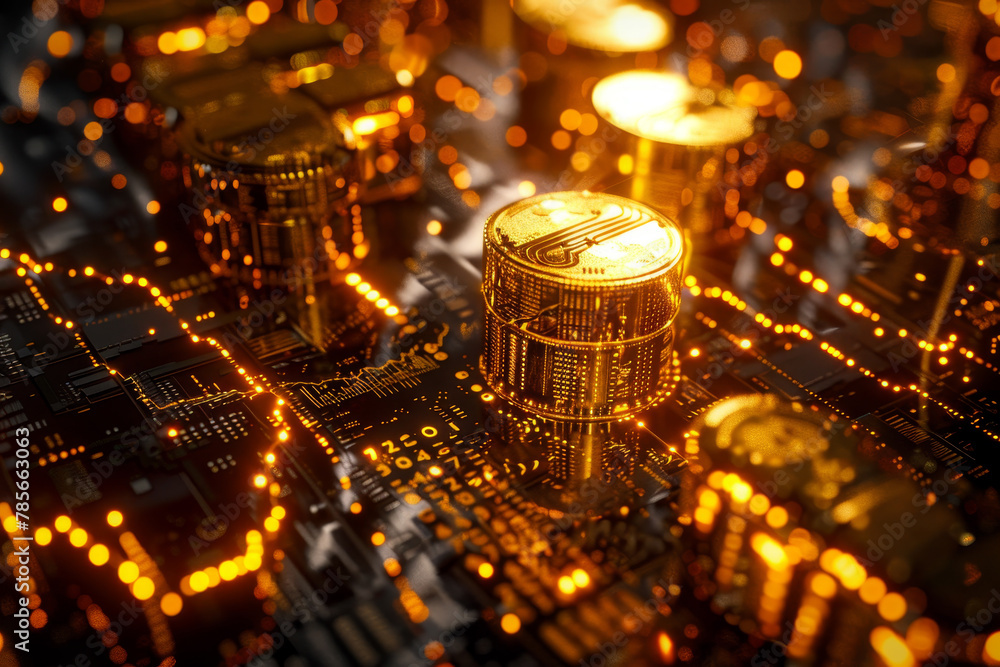 Aufkleber a computer chip with gold coins on it. the image has a futuristic and technological feel to it