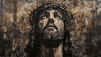 A painting of Jesus Christ with a crown on his head. The painting is dark and moody, with a sense of pain and suffering - obrazy, fototapety, plakaty