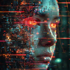Fototapeta premium Immerse viewers in a cybernetic future where abstract human emotions are visually represented in a 3D pixelated world Use unexpected camera angles to add depth and intrigue