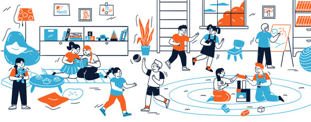 Playful children spending time at daycare nursery room