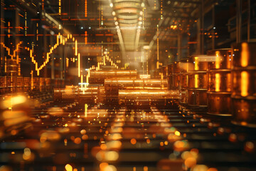 A computer server room with a lot of gold and orange lights. The room is filled with servers and boxes