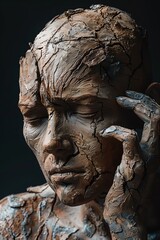Render a photorealistic portrayal of a survivor in clay sculpture inspired by the abstract expressionism movement, using a unique side-angle perspective to emphasize courage and fluidity