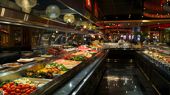 A casinos lavish buffet offering a decadent array of gourmet food blending culinary arts with entertainment.