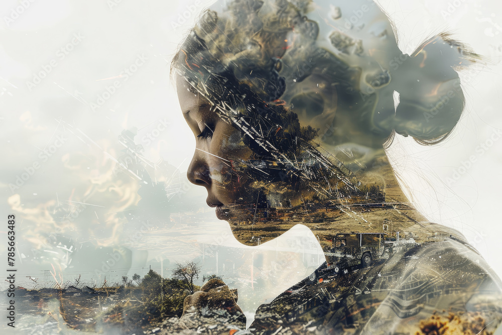 Poster a girl's face is shown in a distorted way, with the background showing a cityscape. the image has a 