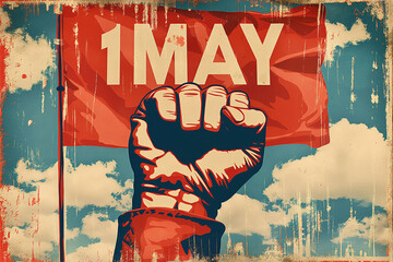 Red flag with 1 May text and worker's fist in front of it on a blue sky background post card
