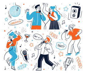 Happy people characters enjoying karaoke party vector illustration