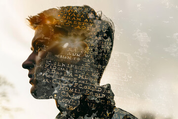 A man's face is blurred and distorted, with letters and numbers scattered all over it. The image...