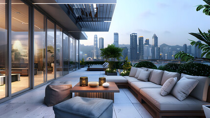 Fototapeta premium A chic rooftop terrace with panoramic city views and modern furniture.