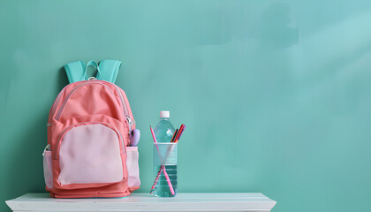 Colorful school backpack with bottle of water and stationery on white table near green chalkboard - obrazy, fototapety, plakaty