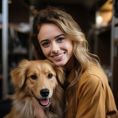 Young woman with her golden retriever enjoying the moment