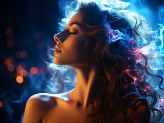 Ethereal woman with vibrant hair colors in smokey atmosphere