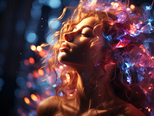 Enchanting woman surrounded by colorful light effects