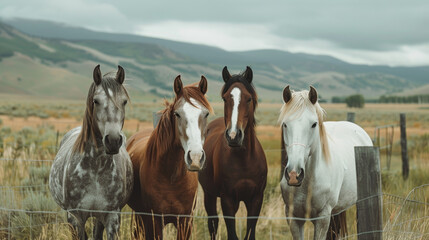 Four horses standing in a field with a fence in the background. The horses are of different colors,...