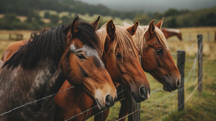 Four horses are standing next to each other, with their heads close together. The horses are brown...