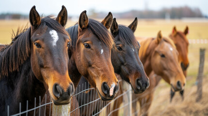 Naklejka premium Three horses standing next to a fence with one of them having a white spot on its face. The horses are all brown and appear to be looking at the camera