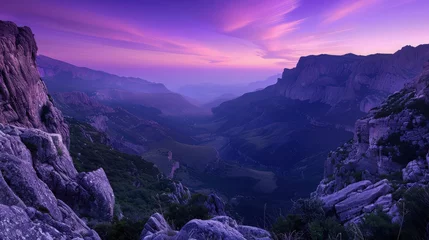 Gartenposter A stunning scene of purple mountains bathed in the soft glow of a colorful sunset, with the warm colors reflecting off the mountain ridges, creating a tranquil and picturesque view. © Sundas