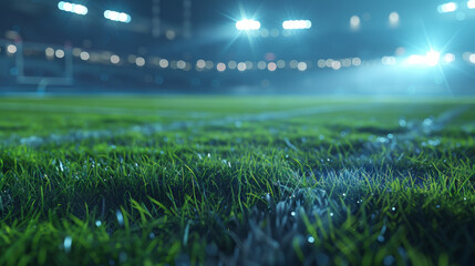 A soccer field with a wet grass and lights in the background. Scene is energetic and exciting, as...
