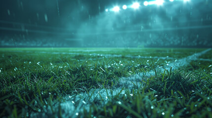 A football field is wet and the grass is green. The field is lit up by lights