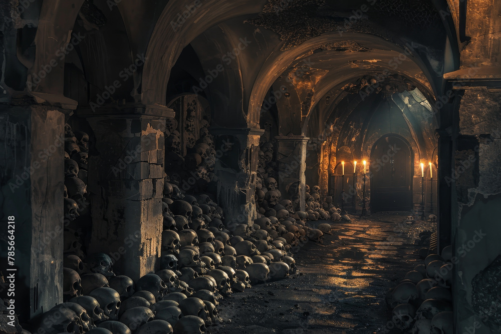 Poster a dark, narrow tunnel with a pile of skulls in the middle. the skulls are arranged in a way that the